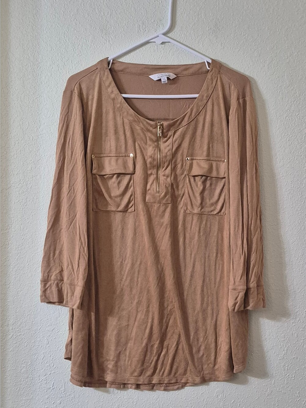Women's Tan Long-Sleeve Tunic with Zip Front and Pocket Details
